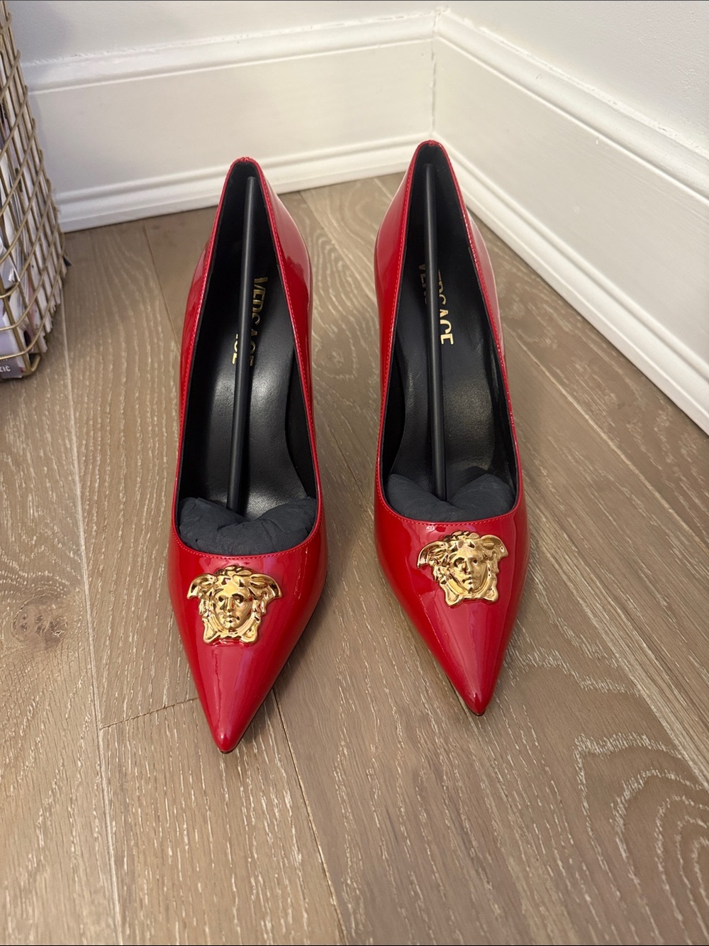 Versace Red Patent Pointed-Toe Pumps with Gold Medusa - Picture 1 of 4